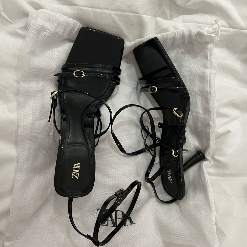 Zara Black Patent Heeled Sandals
